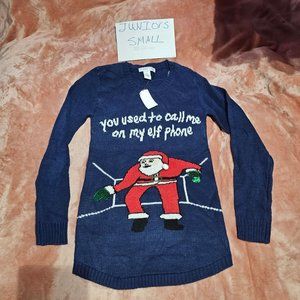 Juniors S Santa Claus Call Me On My Elf Phone Knit Tunic Pullover Sweater NWT